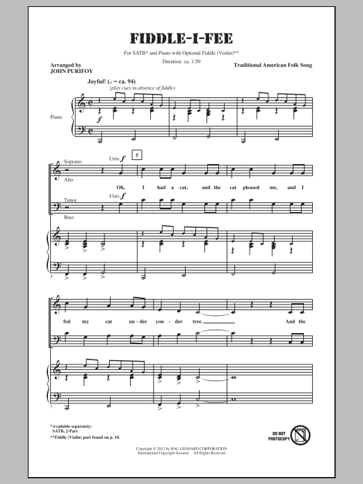 Download Traditional Folksong Fiddle-I-Fee (arr. John Purifoy) Sheet Music and learn how to play SATB PDF digital score in minutes
