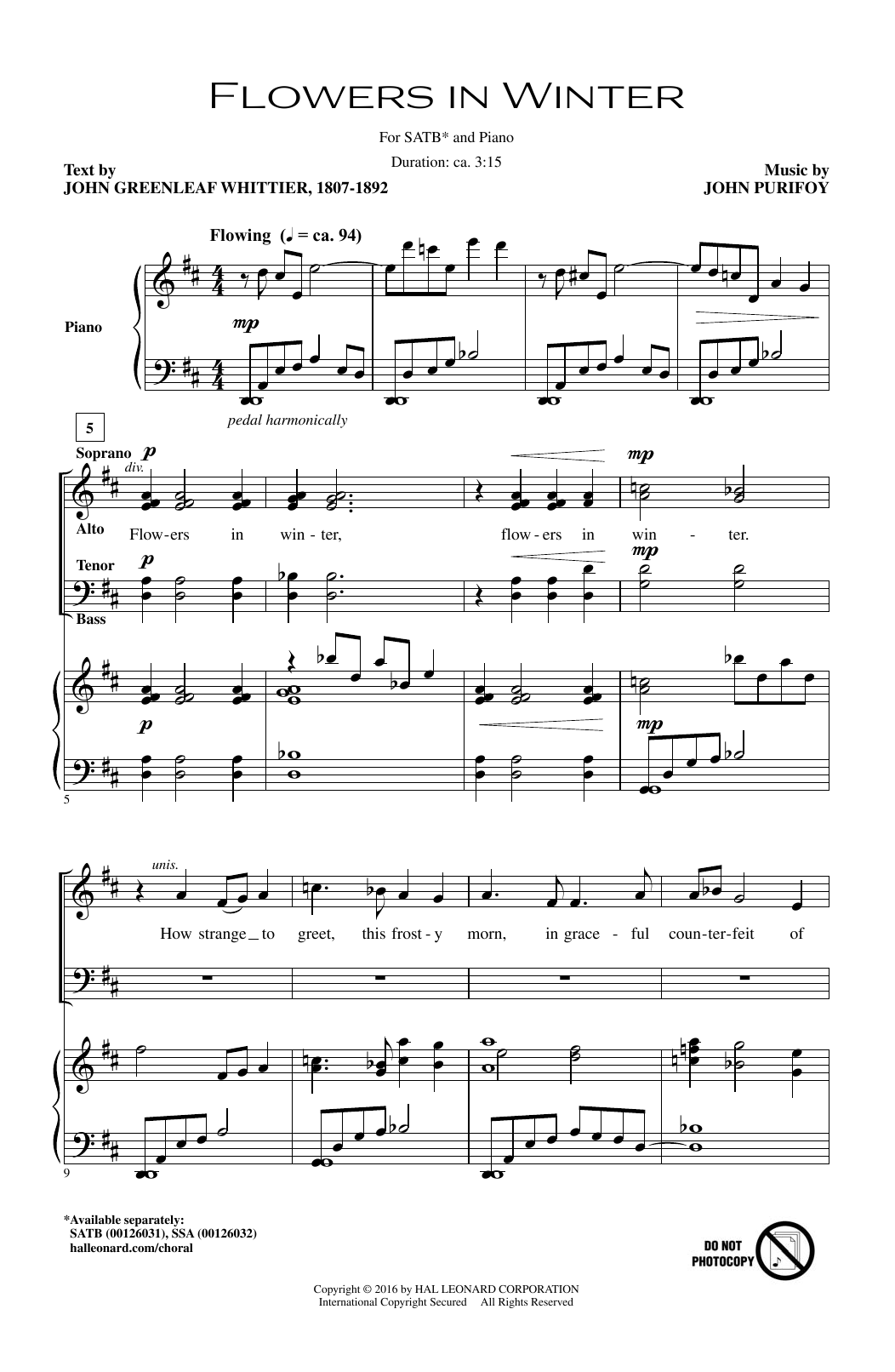 Download John Purifoy Flowers In Winter Sheet Music and learn how to play SATB PDF digital score in minutes