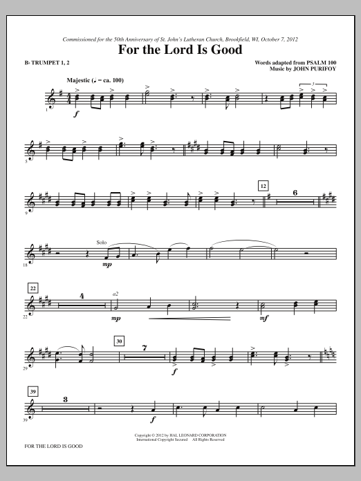 Download John Purifoy For The Lord Is Good - Bb Trumpet 1,2 Sheet Music and learn how to play Choir Instrumental Pak PDF digital score in minutes