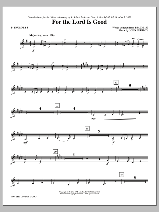 Download John Purifoy For The Lord Is Good - Bb Trumpet 3 Sheet Music and learn how to play Choir Instrumental Pak PDF digital score in minutes