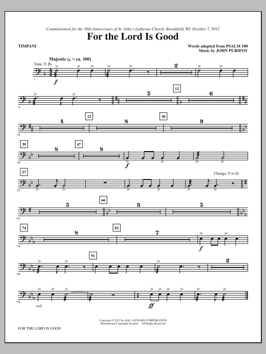 Download John Purifoy For The Lord Is Good - Timpani Sheet Music and learn how to play Choir Instrumental Pak PDF digital score in minutes