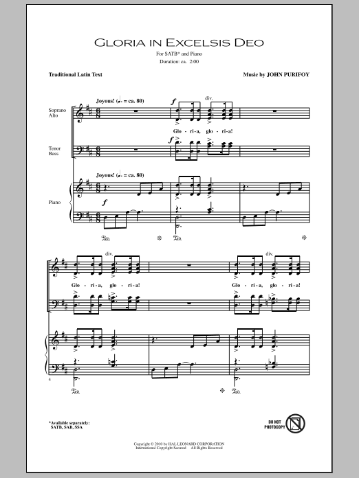 Download John Purifoy Gloria In Excelsis Deo Sheet Music and learn how to play SSA Choir PDF digital score in minutes