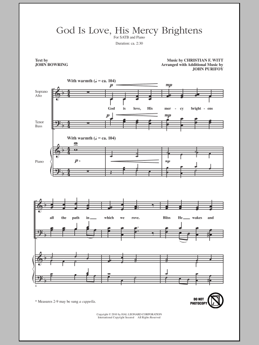 Download John Purifoy God Is Love, His Mercy Brightens Sheet Music and learn how to play SATB Choir PDF digital score in minutes