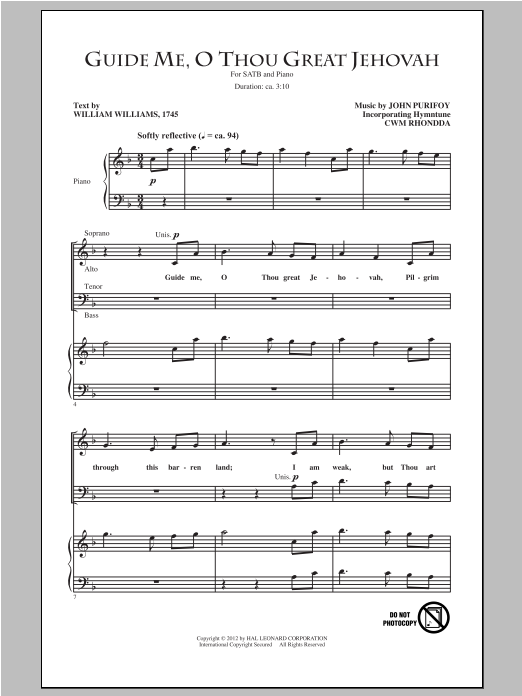 Download William Williams Guide Me, O Thou Great Jehovah (arr. John Purifoy) Sheet Music and learn how to play SATB PDF digital score in minutes
