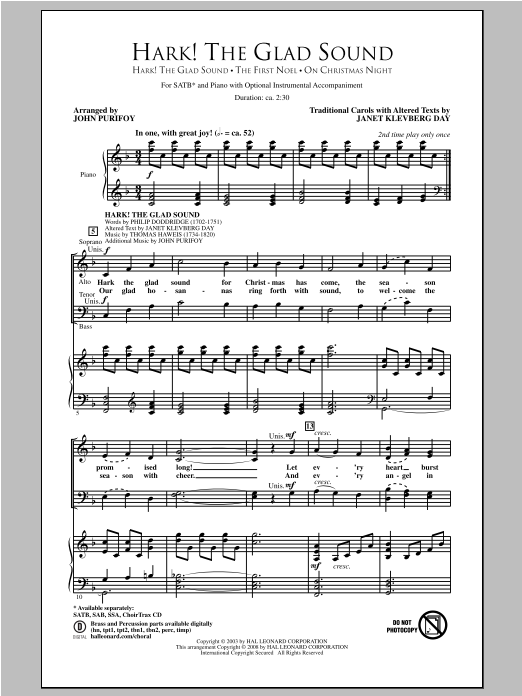 Download John Purifoy Hark! The Glad Sound (Medley) Sheet Music and learn how to play SATB PDF digital score in minutes