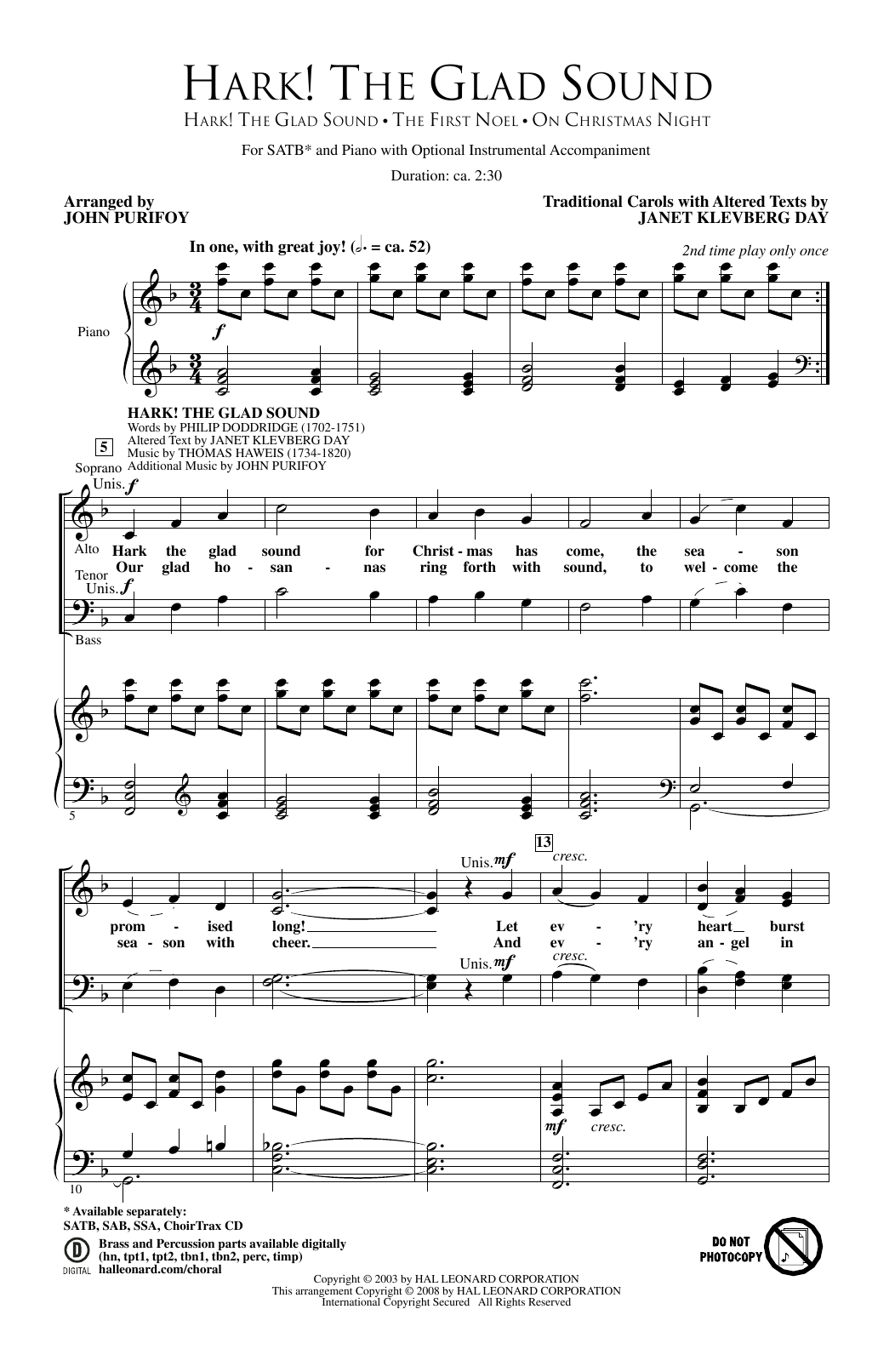 Download John Purifoy Hark! The Glad Sound Sheet Music and learn how to play SAB PDF digital score in minutes