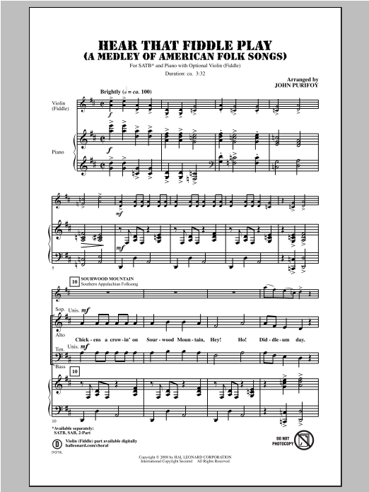 Download John Purifoy Hear That Fiddle Play (A Medley of American Folk Songs) Sheet Music and learn how to play SATB PDF digital score in minutes