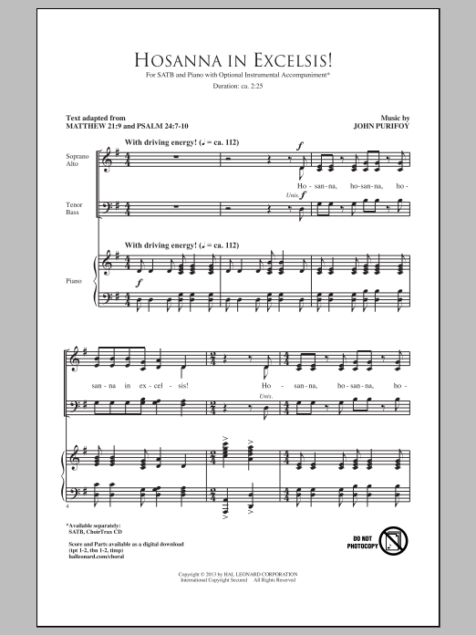 Download John Purifoy Hosanna In Excelsis! Sheet Music and learn how to play SATB PDF digital score in minutes