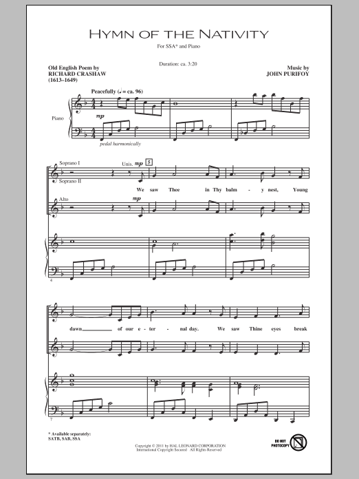 Download John Purifoy Hymn Of The Nativity Sheet Music and learn how to play SATB PDF digital score in minutes