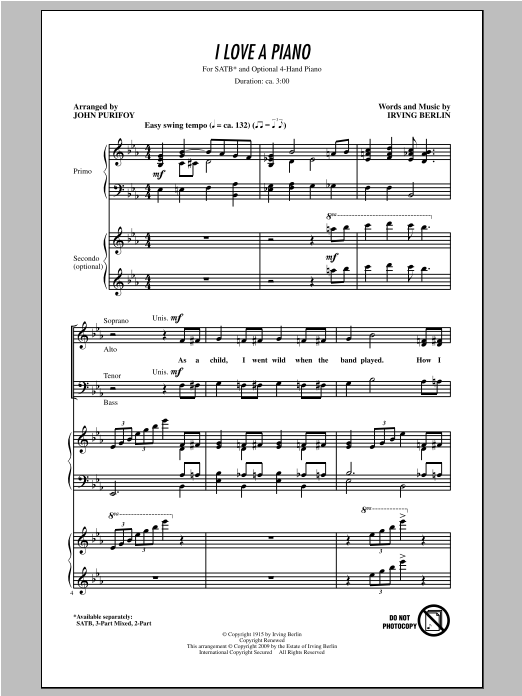 Download Irving Berlin I Love A Piano (arr. John Purifoy) Sheet Music and learn how to play SATB PDF digital score in minutes