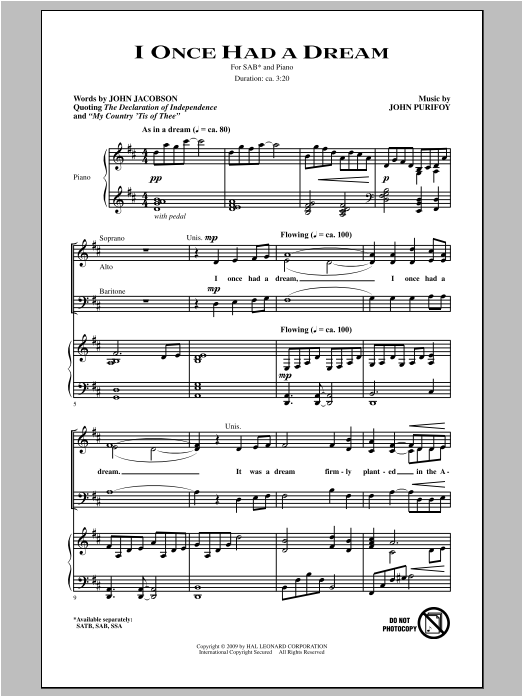 Download John Purifoy I Once Had A Dream Sheet Music and learn how to play SSA PDF digital score in minutes
