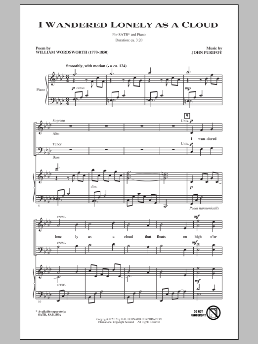 Download John Purifoy I Wandered Lonely As A Cloud Sheet Music and learn how to play SSA PDF digital score in minutes