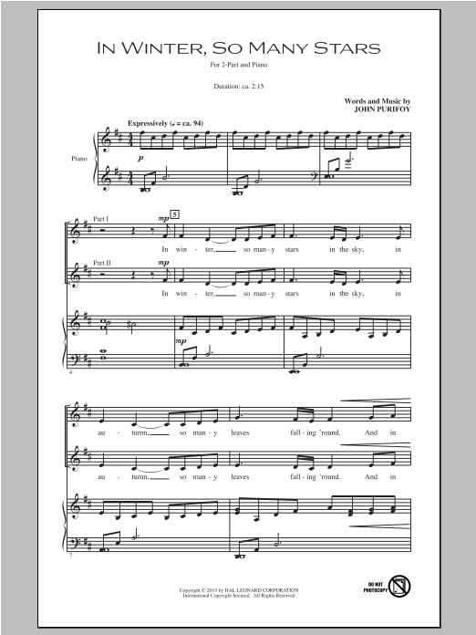 Download John Purifoy In Winter, So Many Stars Sheet Music and learn how to play 2-Part Choir PDF digital score in minutes