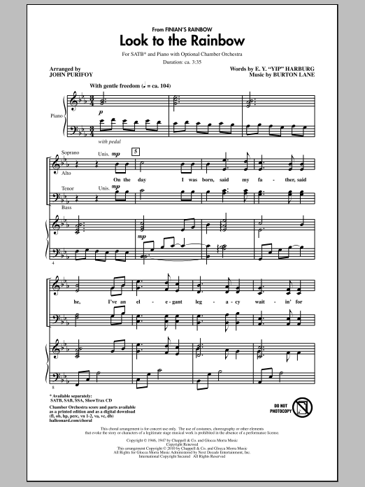 Download John Purifoy Look To The Rainbow (from Finian's Rainbow) Sheet Music and learn how to play SAB Choir PDF digital score in minutes