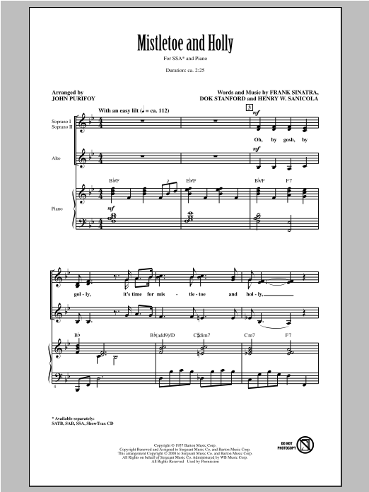Download Frank Sinatra Mistletoe And Holly (arr. John Purifoy) Sheet Music and learn how to play SAB PDF digital score in minutes