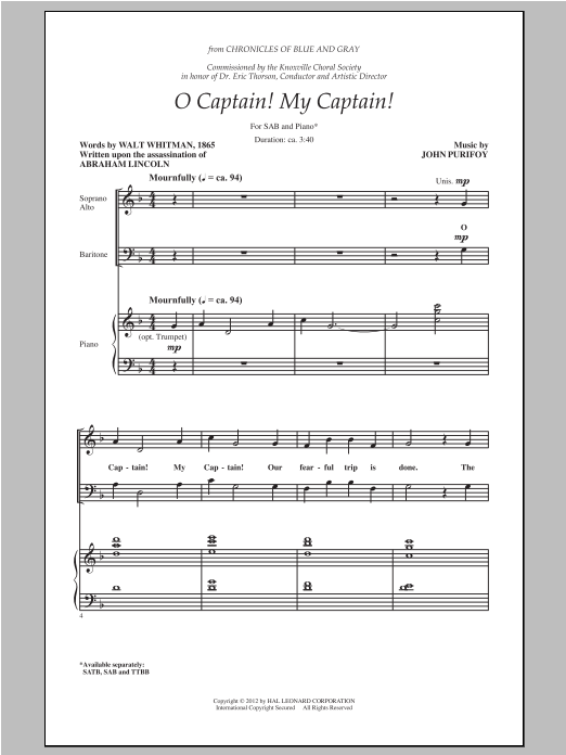 Download John Purifoy O Captain! My Captain! Sheet Music and learn how to play SAB PDF digital score in minutes