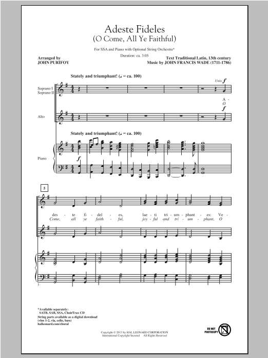 Download Christmas Carol O Come, All Ye Faithful (arr. John Purifoy) Sheet Music and learn how to play SSA PDF digital score in minutes