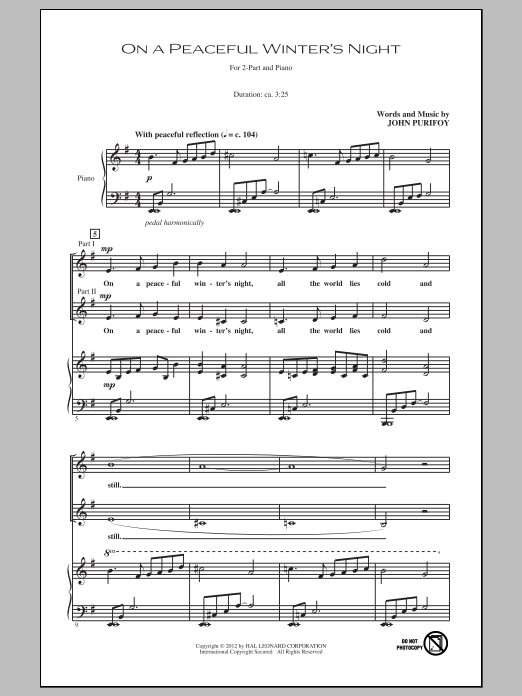 Download John Purifoy On A Peacful Winter's Night Sheet Music and learn how to play 2-Part Choir PDF digital score in minutes