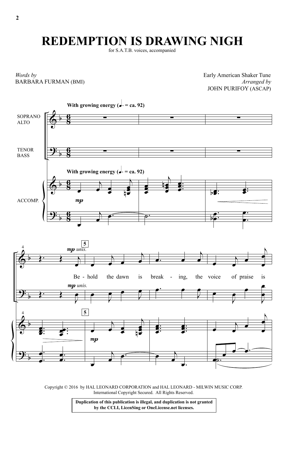 Download Traditional Shaker Hymn Redemption Is Drawing Nigh (arr. John Purifoy) Sheet Music and learn how to play SATB PDF digital score in minutes