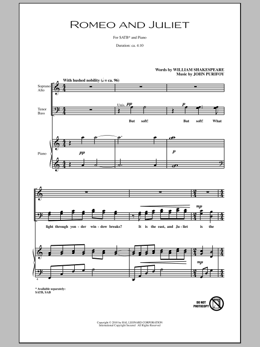 Download John Purifoy Romeo And Juliet Sheet Music and learn how to play SAB Choir PDF digital score in minutes