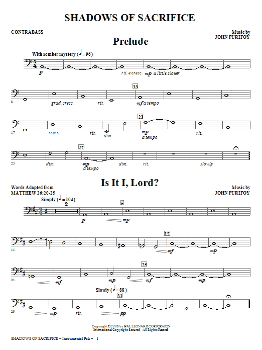 Download John Purifoy Shadows of Sacrifice - Contrabass Sheet Music and learn how to play Choir Instrumental Pak PDF digital score in minutes