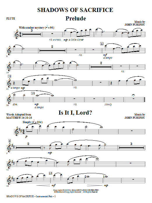Download John Purifoy Shadows of Sacrifice - Flute Sheet Music and learn how to play Choir Instrumental Pak PDF digital score in minutes