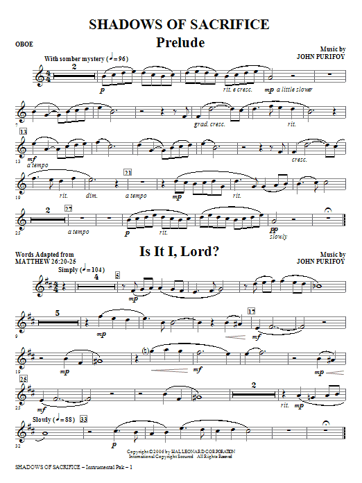 Download John Purifoy Shadows of Sacrifice - Oboe Sheet Music and learn how to play Choir Instrumental Pak PDF digital score in minutes