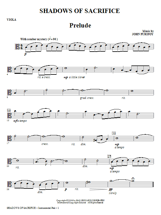 Download John Purifoy Shadows of Sacrifice - Viola Sheet Music and learn how to play Choir Instrumental Pak PDF digital score in minutes