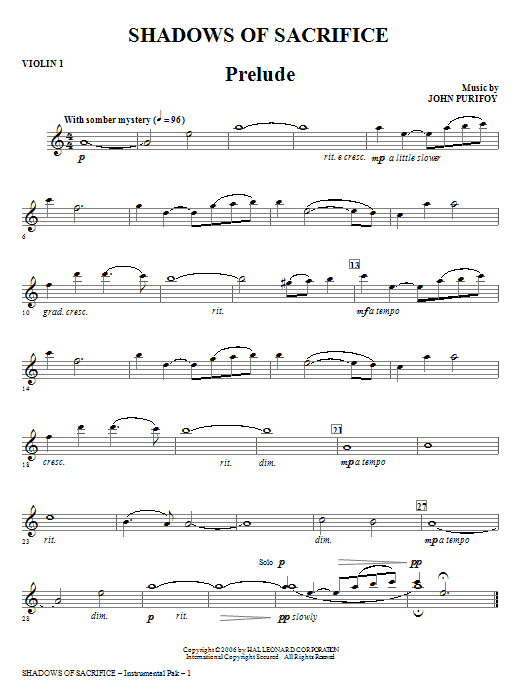 Download John Purifoy Shadows of Sacrifice - Violin 1 Sheet Music and learn how to play Choir Instrumental Pak PDF digital score in minutes