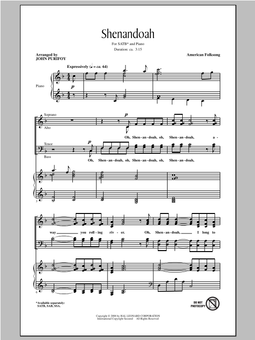 Download Traditional Folksong Shenandoah (arr. John Purifoy) Sheet Music and learn how to play SSA PDF digital score in minutes