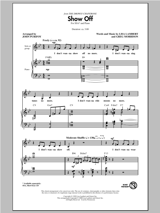 Download Lisa Lambert Show Off (from The Drowsy Chaperone) (arr. John Purifoy) Sheet Music and learn how to play SSA PDF digital score in minutes