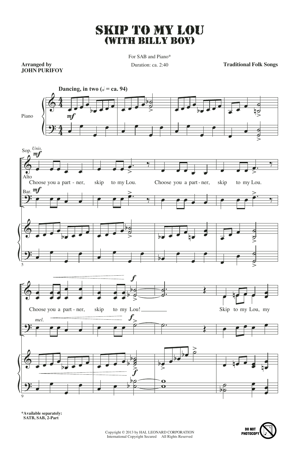Download Traditional Folksong Skip To My Lou (with Billy Boy) (arr. John Purifoy) Sheet Music and learn how to play SAB PDF digital score in minutes