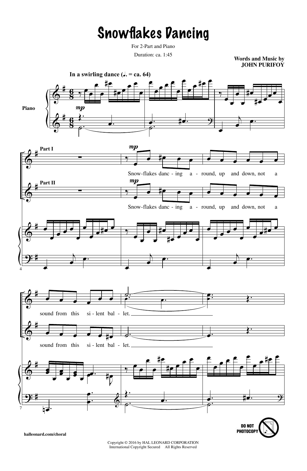 Download John Purifoy Snowflakes Dancing Sheet Music and learn how to play 2-Part Choir PDF digital score in minutes