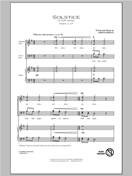 Download John Purifoy Solstice Sheet Music and learn how to play SSA PDF digital score in minutes