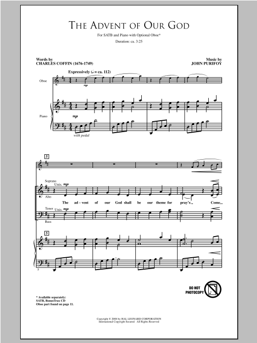 Download John Purifoy The Advent Of Our God Sheet Music and learn how to play SATB PDF digital score in minutes