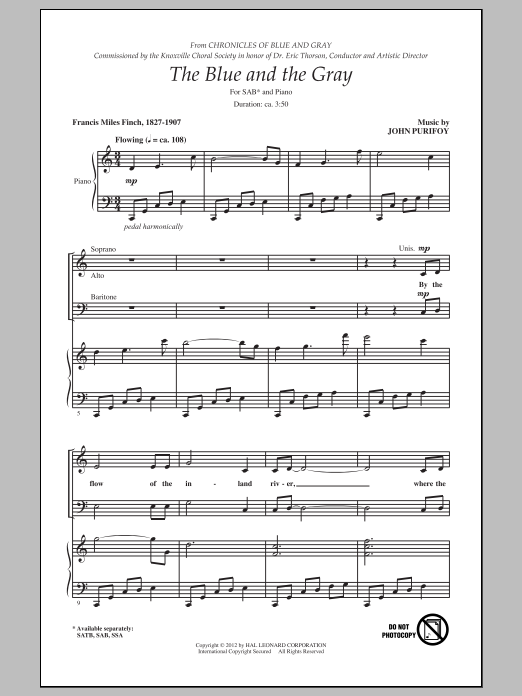 Download John Purifoy The Blue And The Gray Sheet Music and learn how to play SATB PDF digital score in minutes