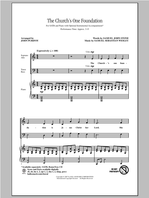 Download Samuel Wesley The Church's One Foundation (arr. John Purifoy) Sheet Music and learn how to play SATB PDF digital score in minutes