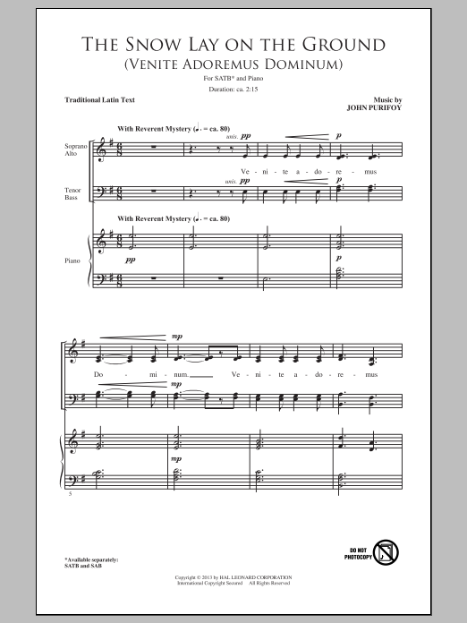 Download John Purifoy The Snow Lay On The Ground (Venite Adoremus Dominum) Sheet Music and learn how to play SAB PDF digital score in minutes