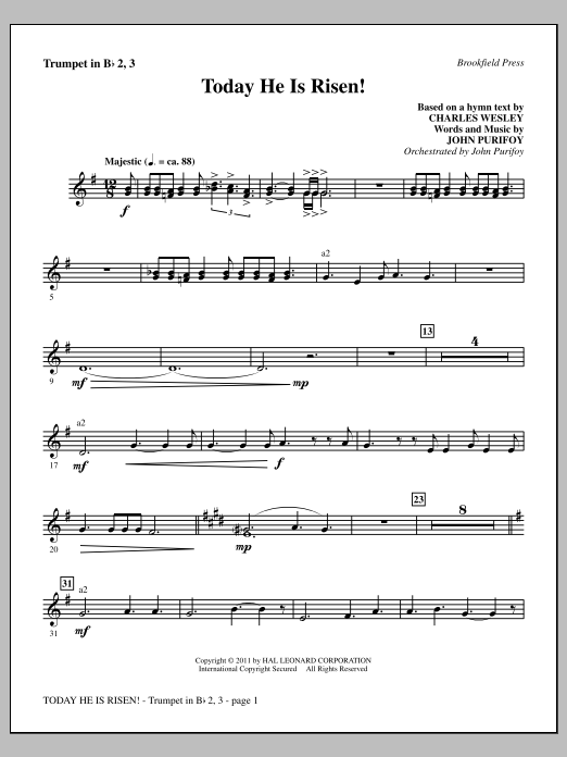 Download John Purifoy Today He Is Risen! - Bb Trumpet 2,3 Sheet Music and learn how to play Choir Instrumental Pak PDF digital score in minutes