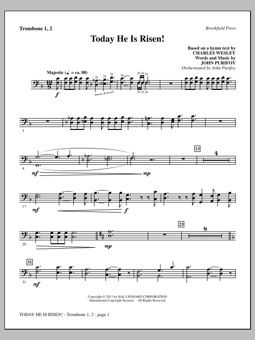 Download John Purifoy Today He Is Risen! - Trombone 1 & 2 Sheet Music and learn how to play Choir Instrumental Pak PDF digital score in minutes