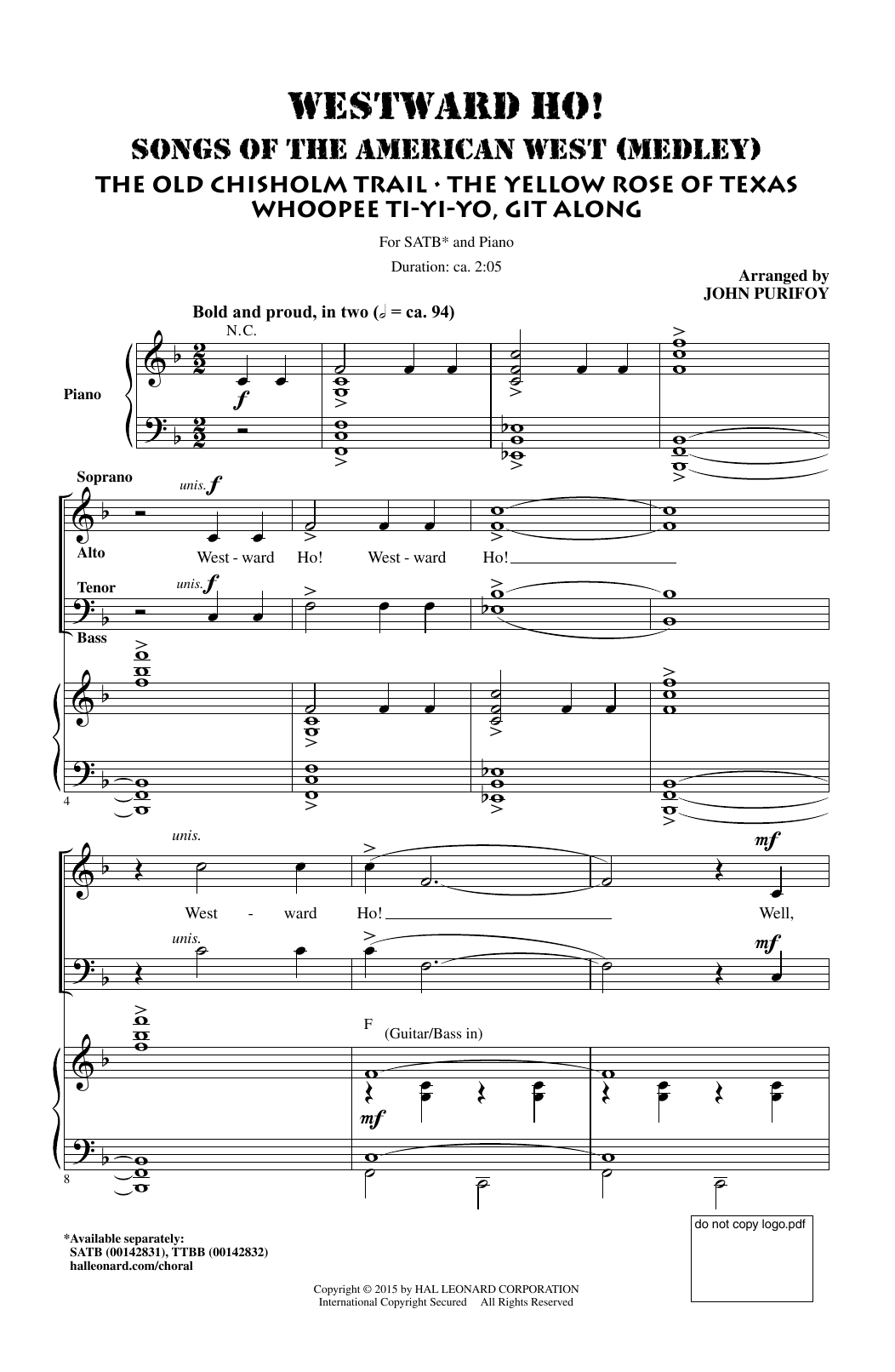 Download John Purifoy Westward Ho! Songs of the American West (Medley) Sheet Music and learn how to play TTBB PDF digital score in minutes
