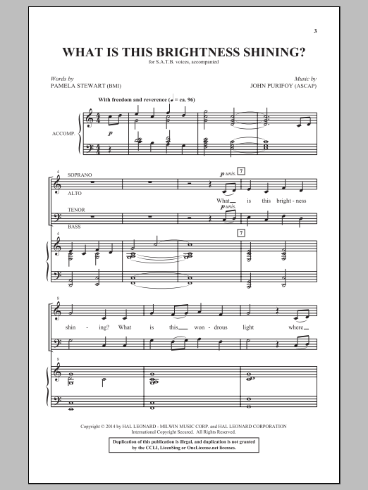 Download John Purifoy What Is This Brightness Shining? Sheet Music and learn how to play SATB PDF digital score in minutes