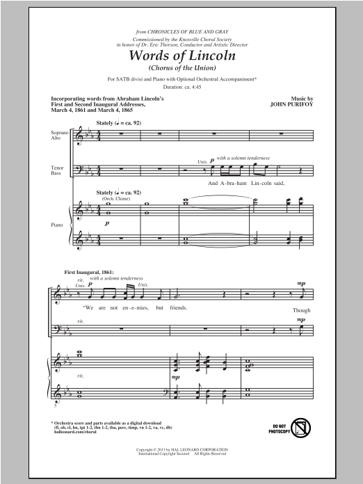 Download John Purifoy Words Of Lincoln (Chorus of the Union) Sheet Music and learn how to play SATB PDF digital score in minutes