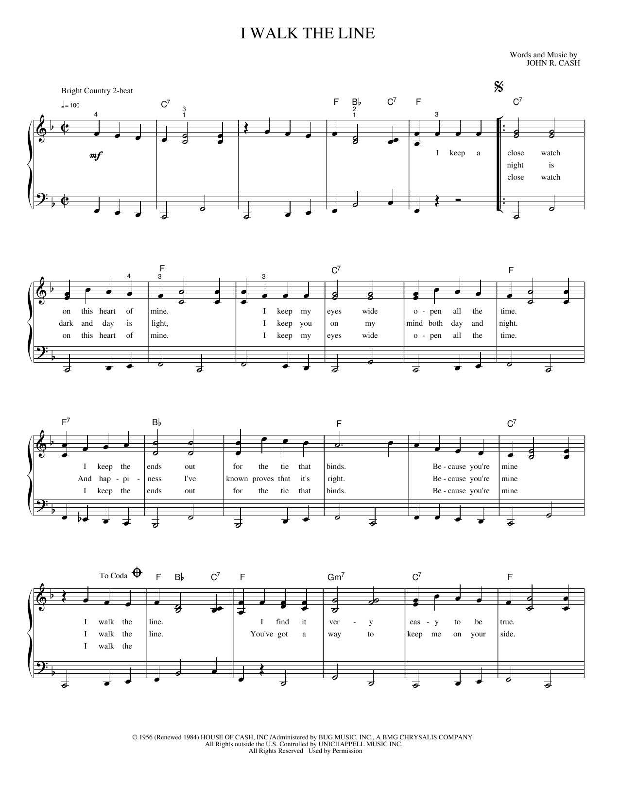 Download John R. Cash I Walk The Line Sheet Music and learn how to play Piano, Vocal & Guitar Chords (Right-Hand Melody) PDF digital score in minutes