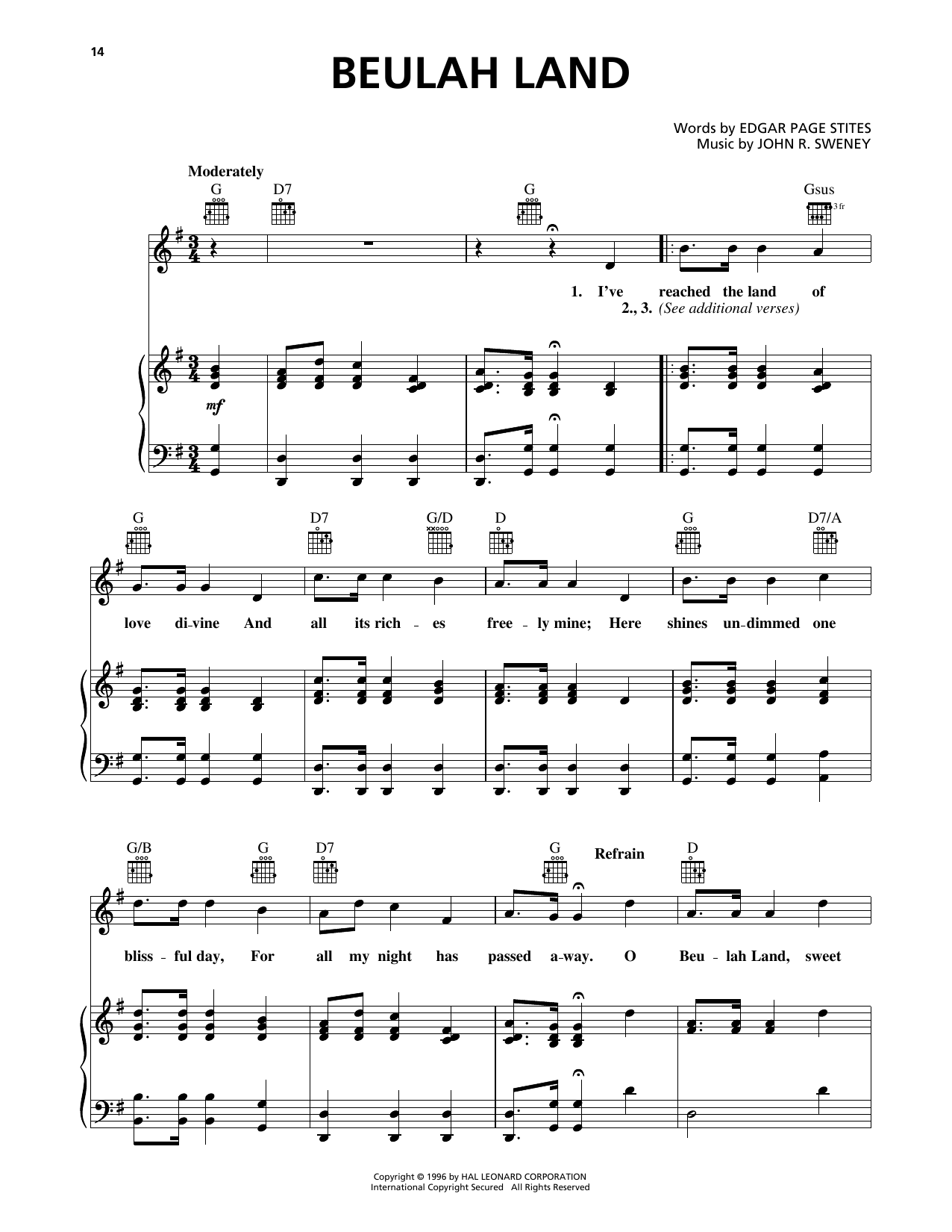 Download John R. Sweney Beulah Land Sheet Music and learn how to play Piano, Vocal & Guitar Chords (Right-Hand Melody) PDF digital score in minutes