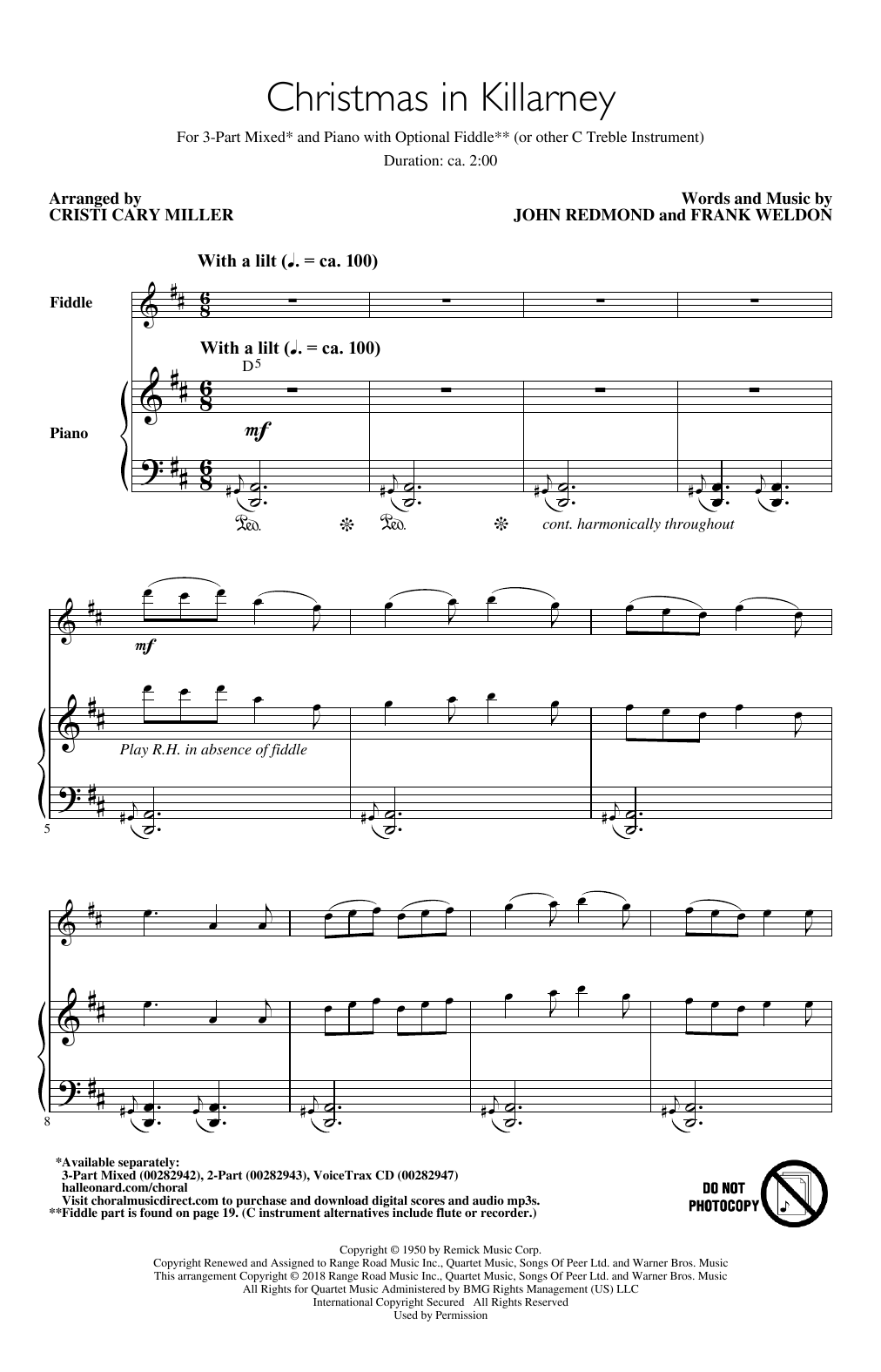 Download John Redmond & Frank Weldon Christmas In Killarney (arr. Cristi Cary Miller) Sheet Music and learn how to play 2-Part Choir PDF digital score in minutes