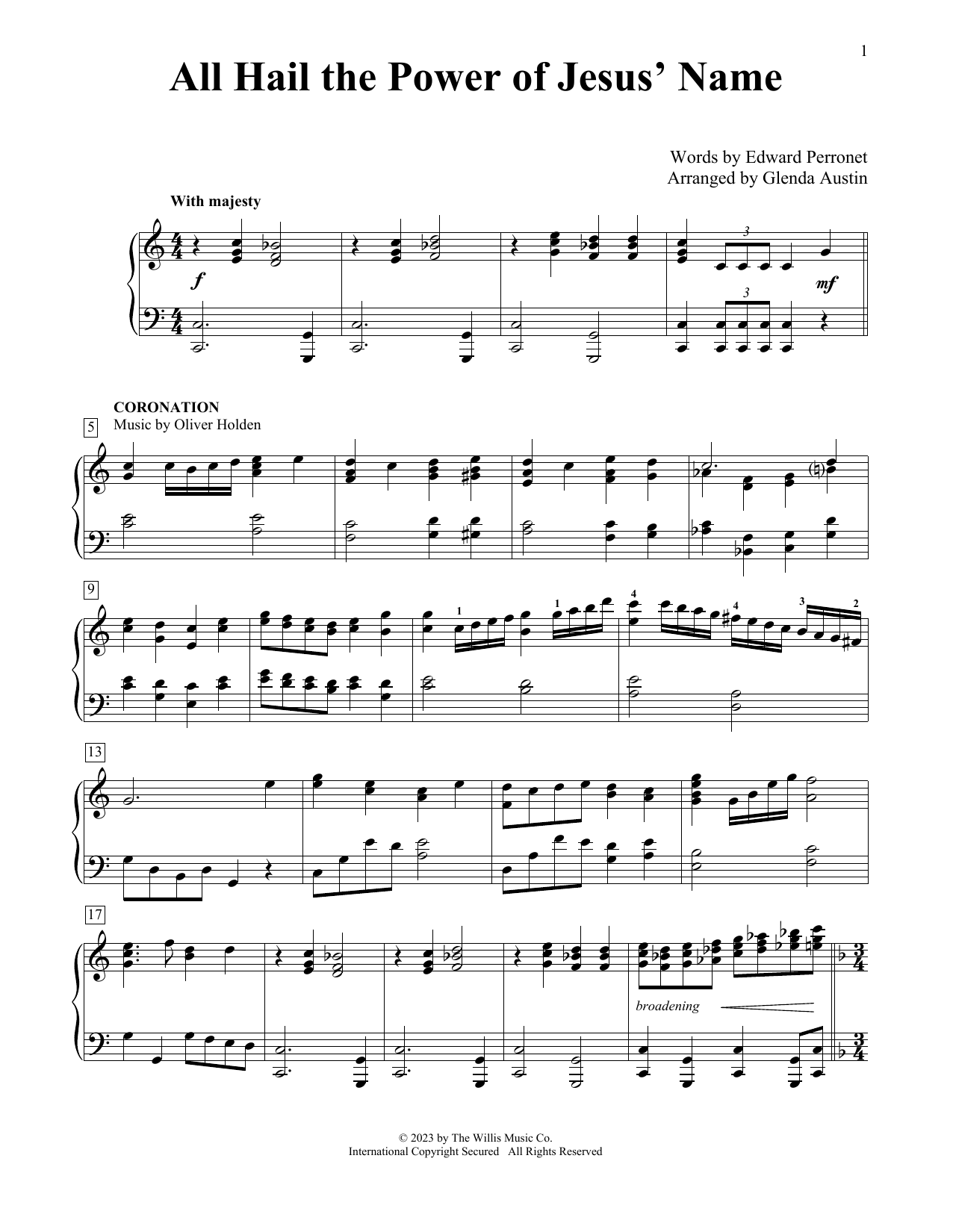 Download John Rippon All Hail The Power Of Jesus' Name (arr. Glenda Austin) Sheet Music and learn how to play Educational Piano PDF digital score in minutes