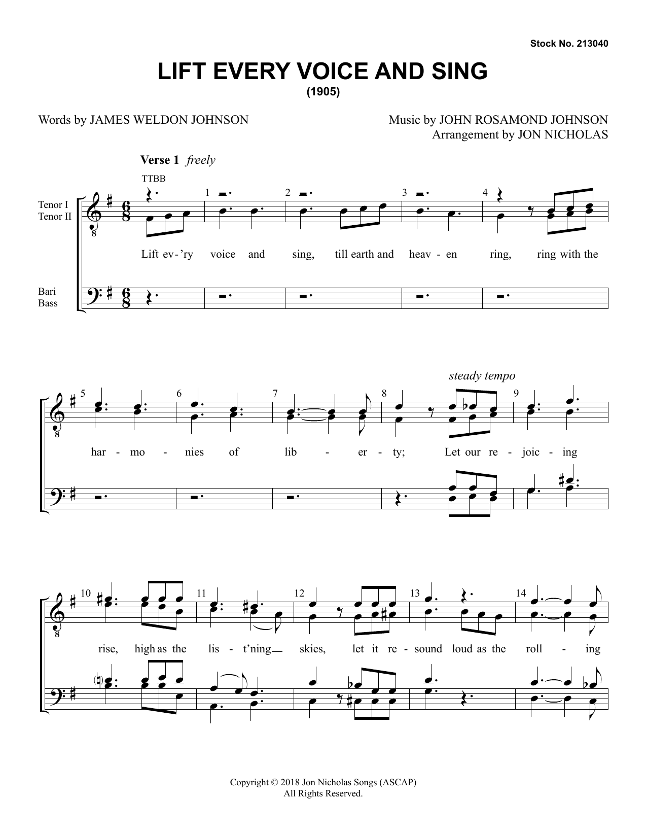 Download John Rosamond Johnson Lift Every Voice and Sing (arr. Jon Nicholas) Sheet Music and learn how to play Choir PDF digital score in minutes