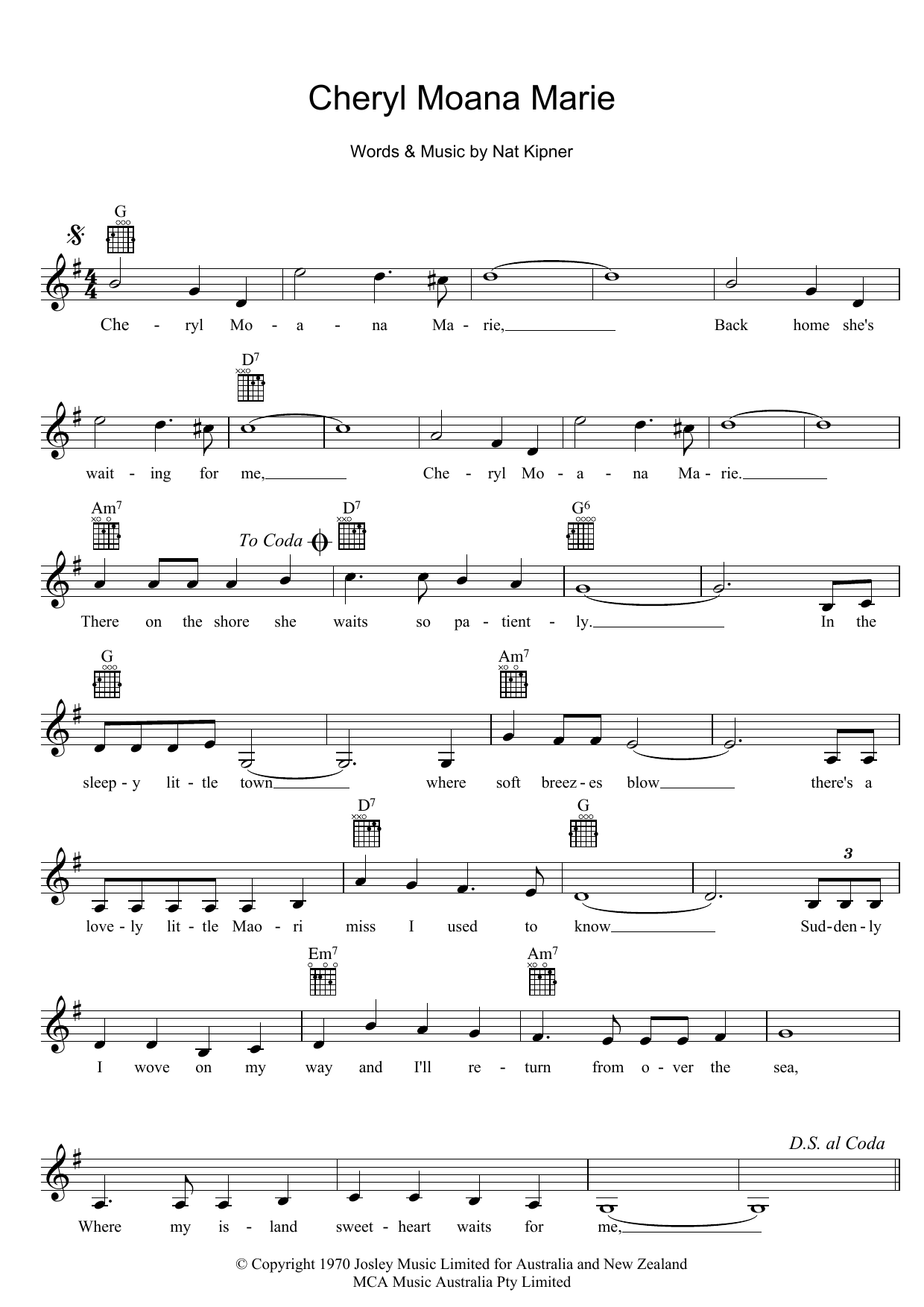 Download John Rowles Cheryl Moana Marie Sheet Music and learn how to play Melody Line, Lyrics & Chords PDF digital score in minutes