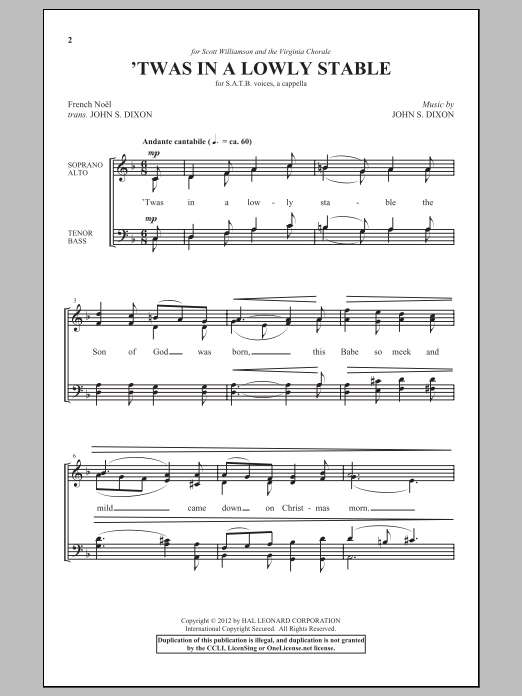 Download John S. Dixon 'Twas In A Lowly Stable Sheet Music and learn how to play SATB PDF digital score in minutes